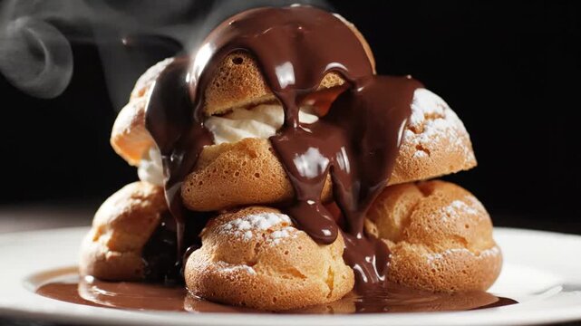 Delicious profiteroles covered with rich chocolate sauce served on a white plate