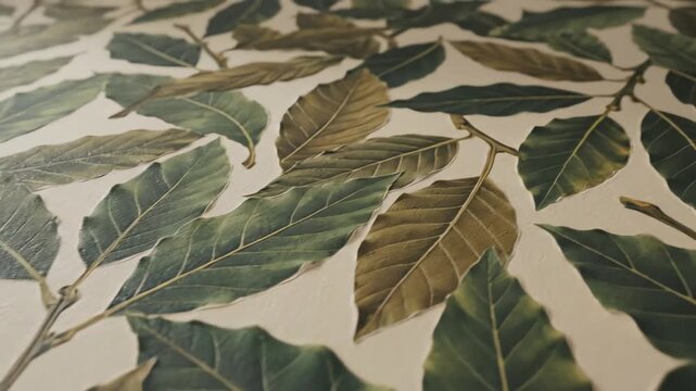 Close up of botanical foliage pattern with textured leaves on a pale surface