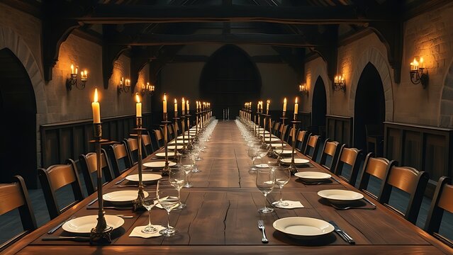 refectory. A long wooden refectory table set with simple tableware in an ancient monastery. event programs, museum guides, designed for cultural heritage projects and event programs.