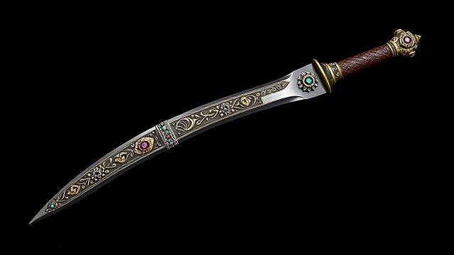 rajput. An ornate curved dagger with a jeweled hilt on dark velvet. event programs, museum guides, designed for cultural heritage projects and event programs, preserves heritage.