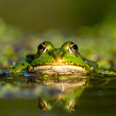 Frog in water, head above surface, close up. Green and beige colors, reflection is visible