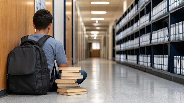 A young person with a backpack sits on the floor of a library next to a stack of books. The area is empty and filled with shelves