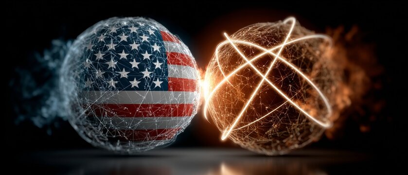 Atomic symbolism: fraught relations between countries. Action poster. Cool tones depicting subtle us-iran nuclear tension with atom. Scifi poster. Epic poster.