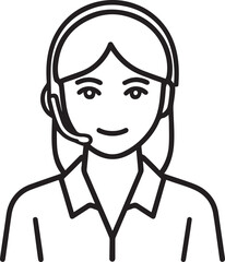 Hand Drawn Female Customer Service Agent Black and White Avatar Illustration in Minimal Line Art Style Design