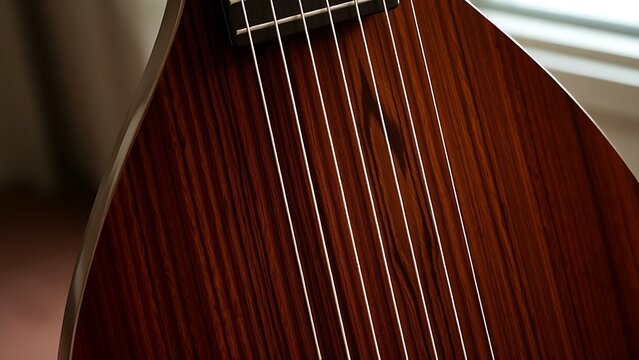 pipa. A close-up of an elegant rosewood pipa with four silk strings, showcasing its graceful curves and rich wood grain. event programs.