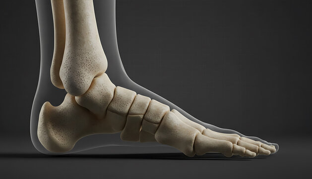Detailed 3D rendering of a human foot skeleton showing the intricate bone structure of the ankle heel and toes