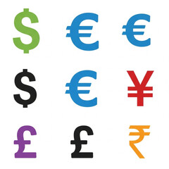 Currency Symbols Dollar Euro Yen Pound.