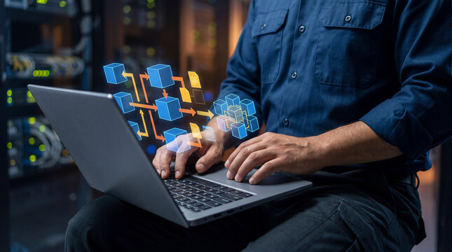 Data infrastructure and data pipeline development. Data integration. Engineer using laptop computer to design data processing system and data warehouse.