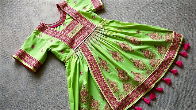 choli. A vibrant traditional dress with intricate mirror work and tassels on fabric. event programs, museum guides, designed for cultural heritage projects and event programs.