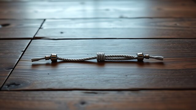 aglets. Single shoelace with metallic aglets on rustic wooden table. lifestyle magazines, social media lookbooks, designed for lifestyle magazines and social media content.
