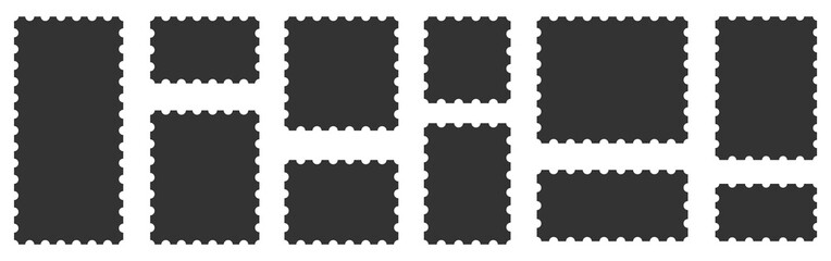Obraz premium Set of blank rectangle and square Postage stamp frames. Postage stamp vector icons.Blank postage stamps borders vector set. Mockup postage stamps ,Postage stamp set, templates
