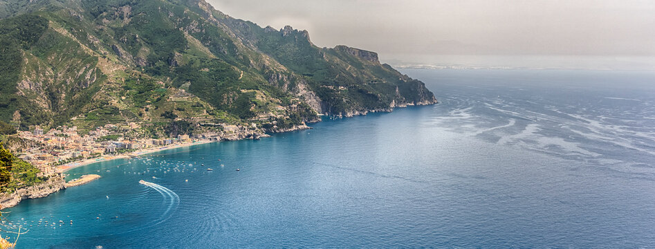Scenic panoramic view of Amalfi Coast from Ravello, Italy