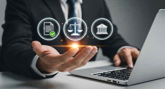 Businessman in suit holding glowing legal and justice icons above a laptop, representing law, compliance, and government services for business professionals.