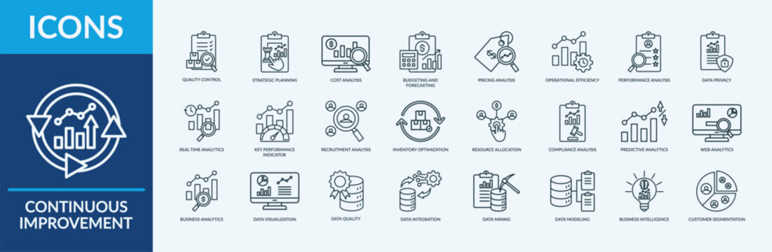 Continuous Improvement - Icon Collection. Thin Outline Set contains such Icons as quality control, customer segmentation, key performance indicator  and more. Simple web icons set