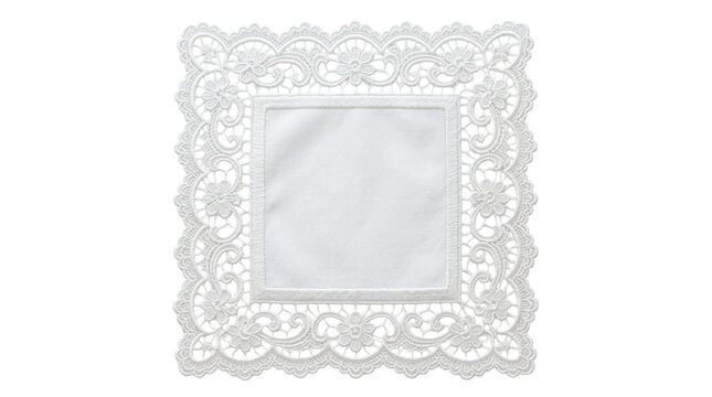 Intricate square white lace doily with floral embroidery on a transparent background