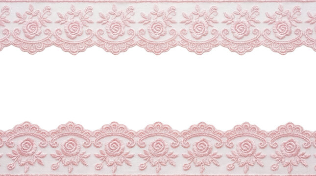 Double border of pink floral lace fabric ribbon on a transparent background