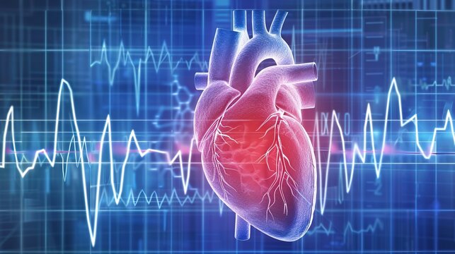 Medical illustration of arrhythmia, a condition characterized by irregular, fast, or slow heart rhythm due to abnormal electrical signals in the heart. Includes atrial fibrillation, tachycardia,