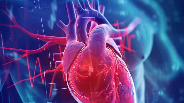 Medical illustration of arrhythmia, a condition characterized by irregular, fast, or slow heart rhythm due to abnormal electrical signals in the heart. Includes atrial fibrillation, tachycardia,