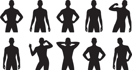 Ten black silhouette figures in various poses on white background