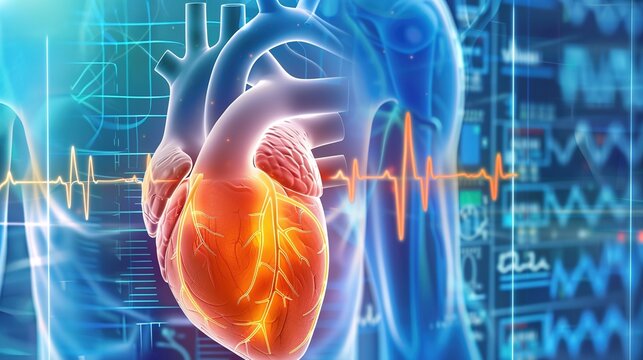 Medical illustration of arrhythmia, a condition characterized by irregular, fast, or slow heart rhythm due to abnormal electrical signals in the heart. Includes atrial fibrillation, tachycardia,