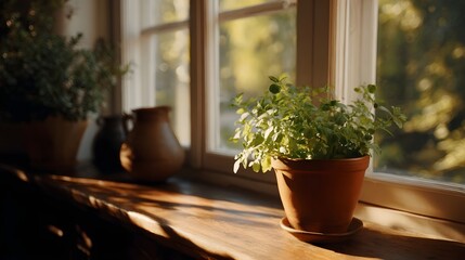 Fototapeta premium Sunlight illuminates a potted plant and rustic ceramic pitchers on a wooden ill