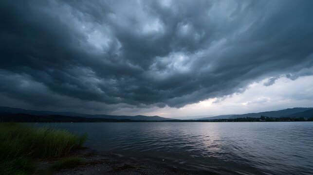 A dramatic overcast sky filled with dark storm clouds hangs over a calm lake and distant hills creating a moody atmosphere