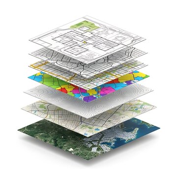 Layered map illustration representing different data representations and geographical information