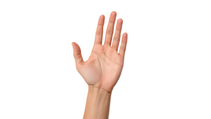 Obraz premium A single, open, left hand raised with palm facing forward against a white background, symbolizing a greeting, a stop signal, or a gesture of welcome