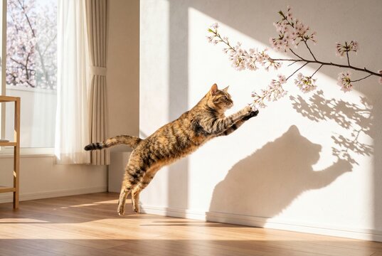 Playful tabby cat leaps across a sunlit living room, reaching toward a cherry blossom branch whose shadow decorates the wall. Bright spring light, cozy interior, motion, elegance.