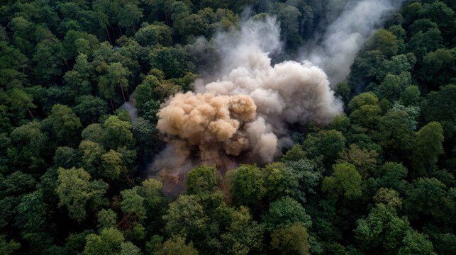 explosion far away in dense forest, smoke drifting through trees 