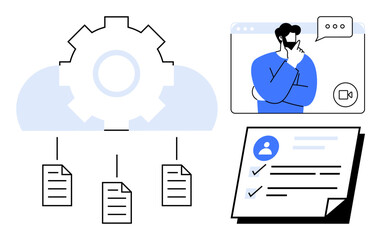 Plakat Gear and cloud symbolizing automation, files connected below, person on video call, and checklist. Ideal for cloud computing, automation, teamwork, task tracking, remote work digital tools simple