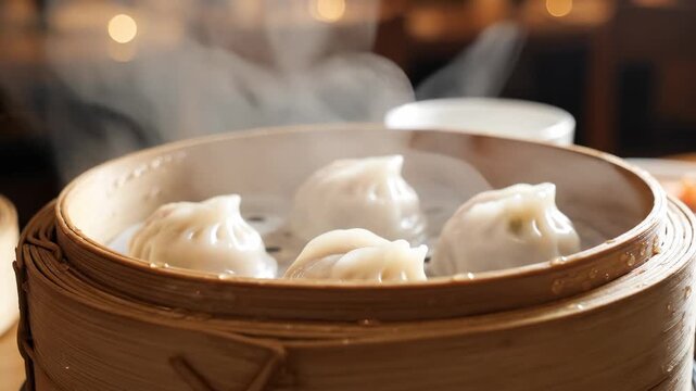 Steamed dumplings in a bamboo steamer.