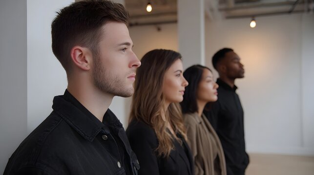 A diverse group of four professionals standing in a line looking forward in a modern minimalist office space