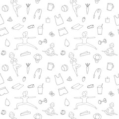 Obraz premium Seamless Pattern with Yoga Poses and Healthy Lifestyle Doodles: Fitness Background