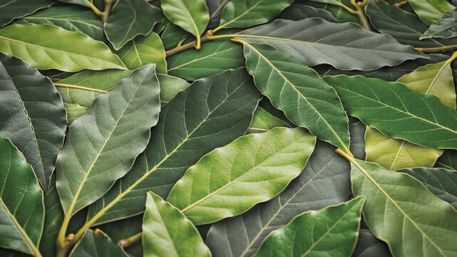 Overhead close up of green leaves with natural light and copy space for text