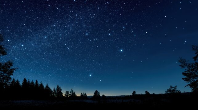 A starry night sky with a silhouette of a forest and a clear horizon, featuring a constellation of stars and a few distant planets.