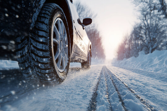 Close Up of Car Wheels in Snow &ndash; Winter Driving Safety and Transportation Concept