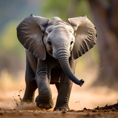 Fototapeta premium A charming, young pachyderm charges forward, its large ears fanned out as it stirs up dust. The baby is the focal point with blurred backdrop