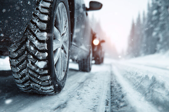 Close Up of Car Wheels in Snow &ndash; Winter Driving Safety and Transportation Concept