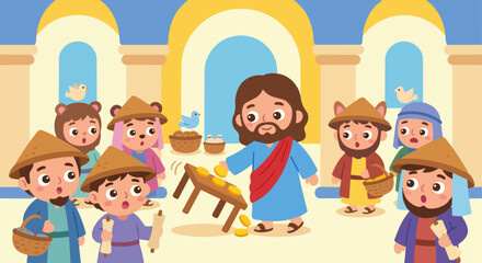 Obraz premium Cleansing of the TempleKawaii style flat vector illustration of Jesus cleansing the temple, showing Jesus gently overturning a small table with coins while merchants look surprised, simplified templ