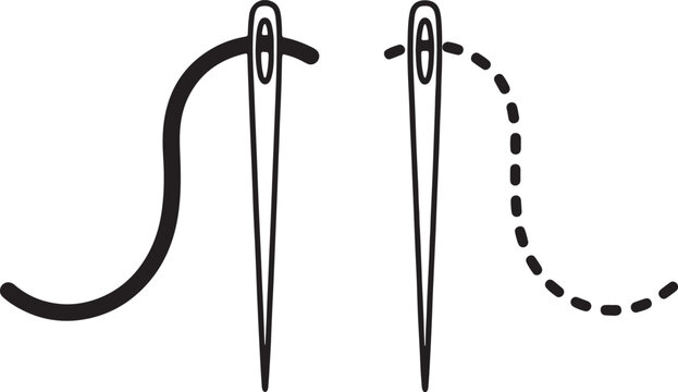 Black sewing needle with thread forming a solid curved line and a dashed curved line also transparent background