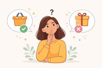 Vector Illustration of a Puzzled Woman in Doubt Thinking and Analyzing Two Options Between a Shopping Basket with a Checkmark and a Gift Box with a Cross Mark for Consumer Decision Making Concept