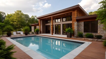 Fototapeta premium A contemporary luxury home featuring a vibrant blue swimming pool and expansive wooden deck amidst a serene natural landscape