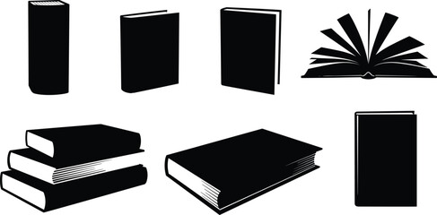 Book silhouettes, literature icons, education graphics, library collection, reading symbols, study materials, knowledge, learning, academic resources, vintage design, classic style, upright © Habiba