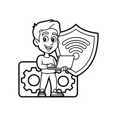 A cartoon man holding a laptop with a shield and gears behind him