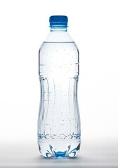 Naklejka premium A minimalist hydration bottle with a blue plastic cap, showing realistic light refractions on a seamless white environment.