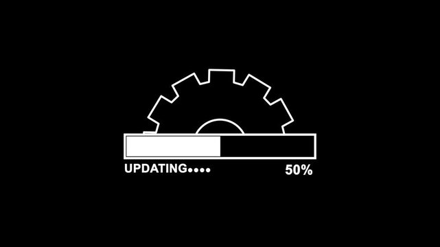 Loading bar animation with software update and settings icons. Smooth animated progress bar showing upload or update process with spinning settings gear symbol. High quality 4K motion graphics 