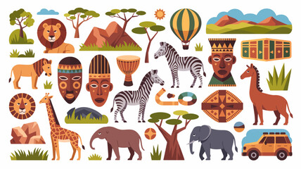 A vibrant illustration depicts an african safari scene with diverse wildlife cultural elements and landscape features high quality professional detailed modern elegant stylish clean crisp colorful © 3D STUDIO