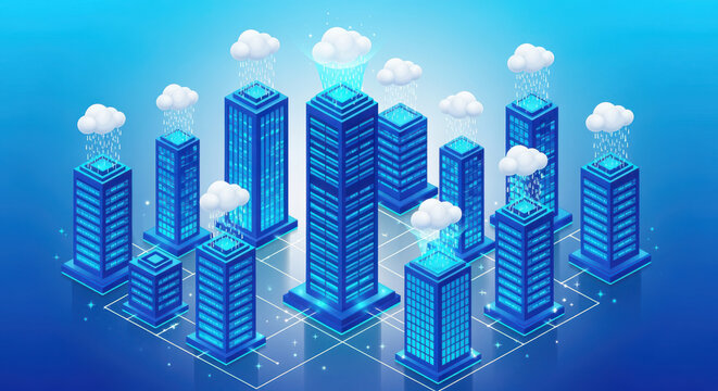 Isometric cityscape with blue skyscrapers and rain clouds  urban landscape