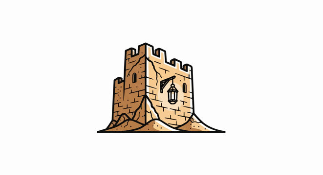 Ancient stone tower with crenellations and a hanging lantern on sandy terrain